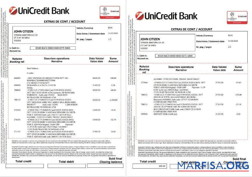 Realistic Romania UniCredit bank statement excel template